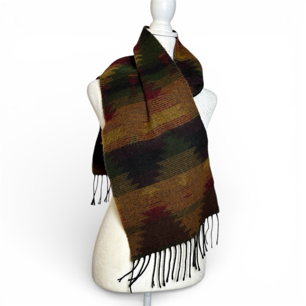 MADE in ITALY Aztec Design Fall Winter Colors Fringe Rectangular Neck Scarf - Picture 2 of 8